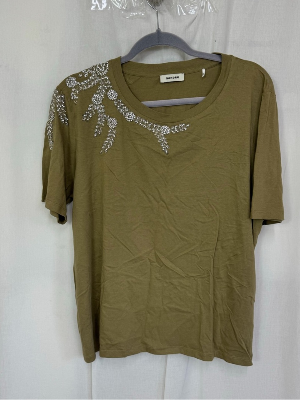 NEW Sandro Olive Green Rhinestone Embellished T-Shirt Size 4 US XL - Picture 5 of 11